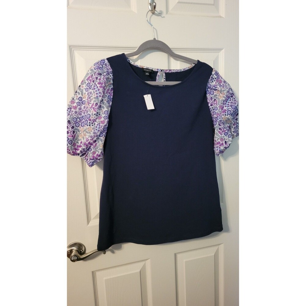 Talbots NWT Navy Knit & Purple Floral Puff Sleeve Mixed Media Top - Size Small